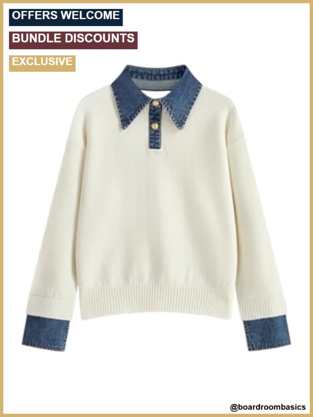 Oversized Denim Collar Knit Pullover Sweater Women Long Sleeve Button Down Fall
